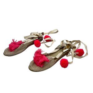 Casa de Vera Tassel Pom Espadrilles Beige/Hot Pink Lace Up Ankle EU 39 Size 8.5